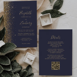 Convites Casamento Moderno Código QR Glitter Dourado Azul E