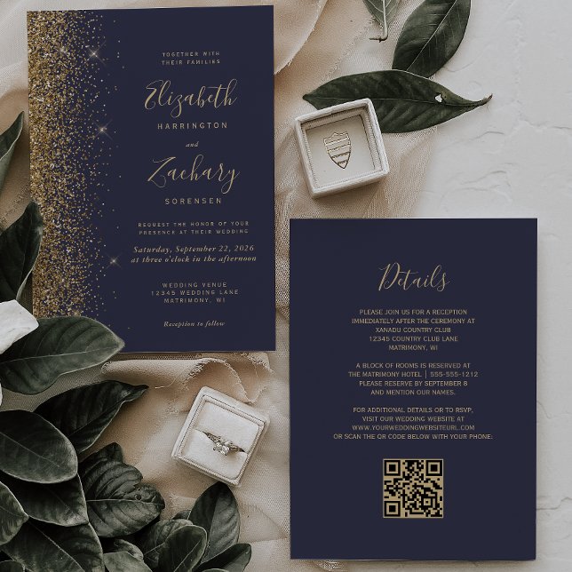 Convites Casamento Moderno Código QR Glitter Dourado Azul E (Criador carregado)
