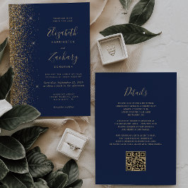 Convites Casamento Moderno Código QR Glitter Falso Azul Nav