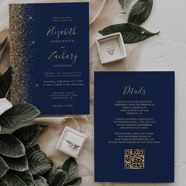 Convites Casamento Moderno Código QR Glitter Falso Azul Nav (Criador carregado)