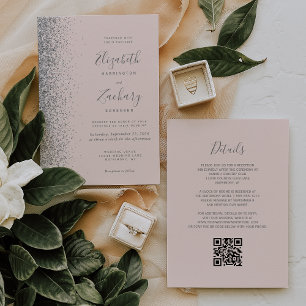 Convites Casamento Moderno Código QR Rosa Bege com Brilho P