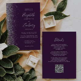 Convites Casamento Moderno Código QR Roxo Escuro Brilho Pra