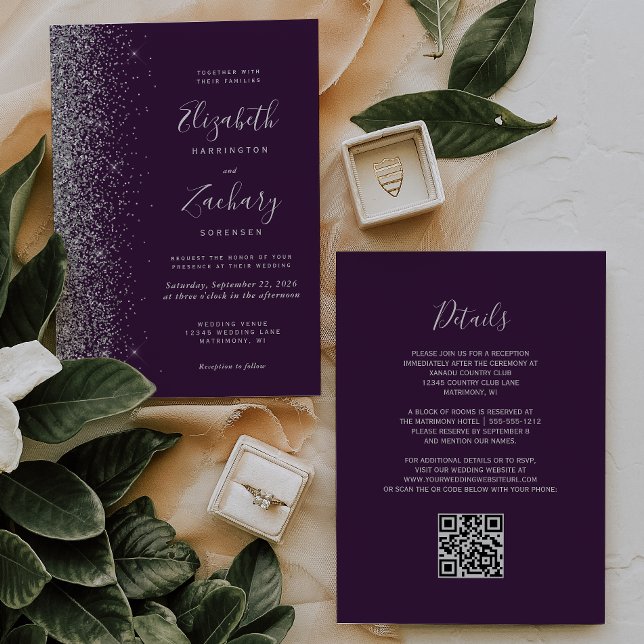 Convites Casamento Moderno Código QR Roxo Escuro Brilho Pra (Criador carregado)