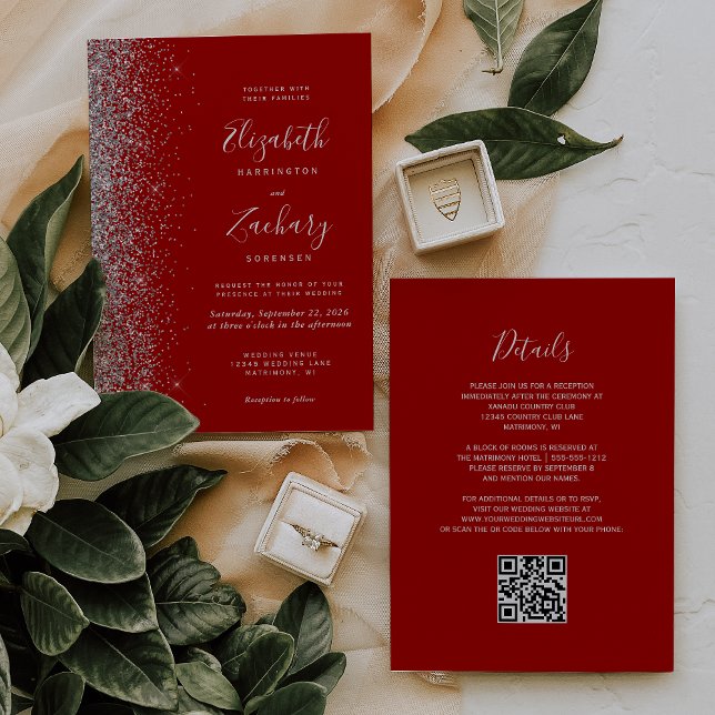Convites Casamento Moderno Código QR Vermelho Carmesim Bril (Criador carregado)