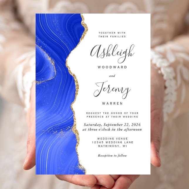 Convites Casamento Moderno com Ágata Azul Real e Dourado (Criador carregado)
