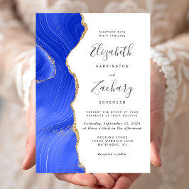 Convites Casamento Moderno com Ágata Azul Real e Dourado