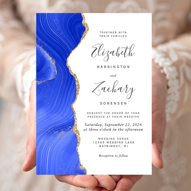 Convites Casamento Moderno com Ágata Azul Real e Dourado (Criador carregado)