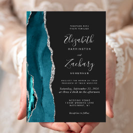 Convites Casamento Moderno com Ágata Prateada e Azul Turque