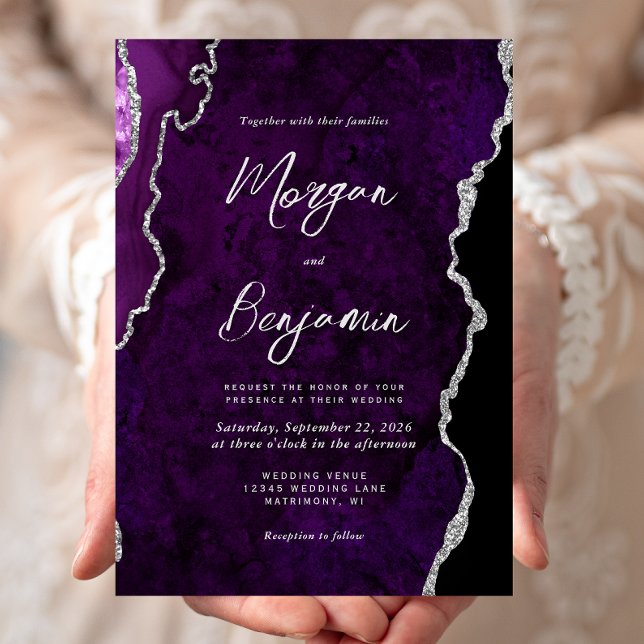 Convites Casamento Moderno com Ágata Roxa e Grafia Prateada (Criador carregado)