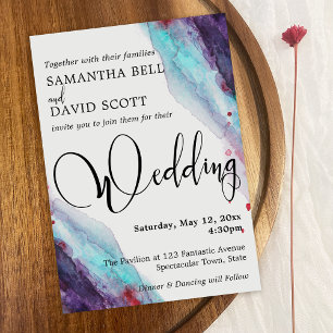 Convites Casamento Moderno com Aqua Watercolor Vermelho Rox