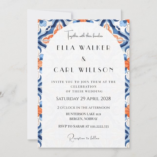 Convites Casamento Moderno com Azulejos Vermelhos e Azuis (Frente)