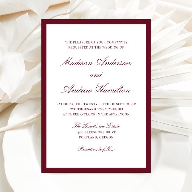Convites Casamento Moderno com Borda Borgonha (Criador carregado)