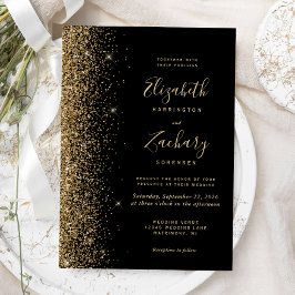 Convites Casamento Moderno com Borda de Brilho Dourado Pret