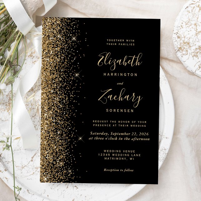 Convites Casamento Moderno com Borda de Brilho Dourado Pret (Criador carregado)
