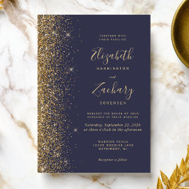 Convites Casamento Moderno com Borda Dourada e Brilho Azul