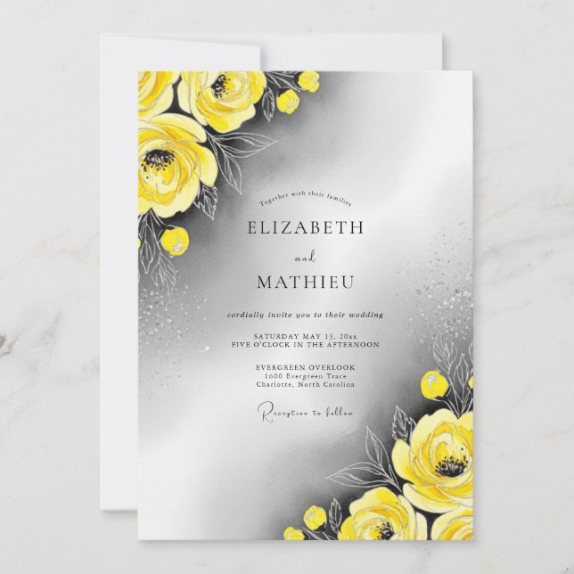 Convites Casamento Moderno com Brilho Amarelo (Frente)
