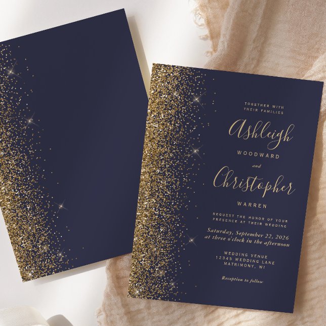 Convites Casamento Moderno com Brilho Azul Dourado (Criador carregado)