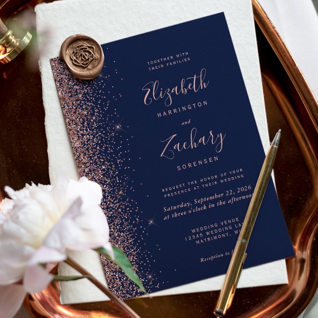 Convites Casamento Moderno com Brilho Azul Navy e Dourado R (Criador carregado)