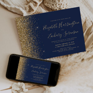 Convites Casamento Moderno com Brilho Dourado Azul Naval
