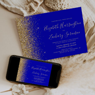 Convites Casamento Moderno com Brilho Dourado Azul Real