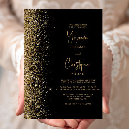 Convites Casamento Moderno com Brilho Dourado Preto Tendênc