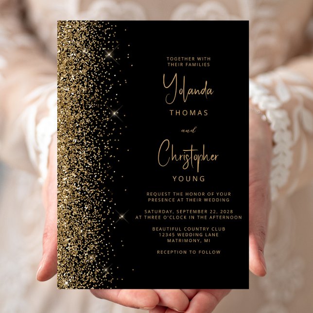Convites Casamento Moderno com Brilho Dourado Preto Tendênc (Criador carregado)