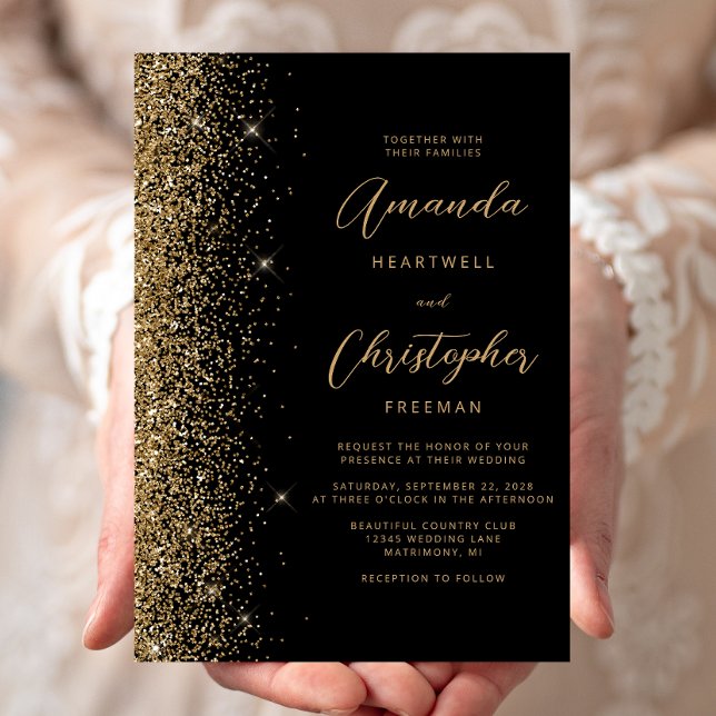 Convites Casamento Moderno com Brilho Falso Dourado Preto (Criador carregado)
