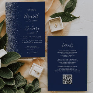Convites Casamento Moderno com Código QR Azul-Navy Brilho P