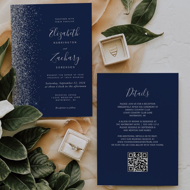 Convites Casamento Moderno com Código QR Azul-Navy Brilho P (Criador carregado)