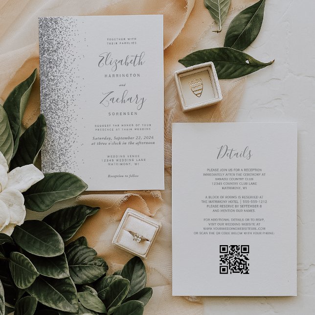 Convites Casamento Moderno com Código QR Branco e Brilho Pr (Criador carregado)