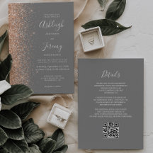 Casamento Moderno com Código QR Cinza e Brilho de 