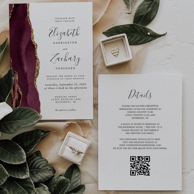 Convites Casamento Moderno com Código QR em Ágata Dourada B (Criador carregado)