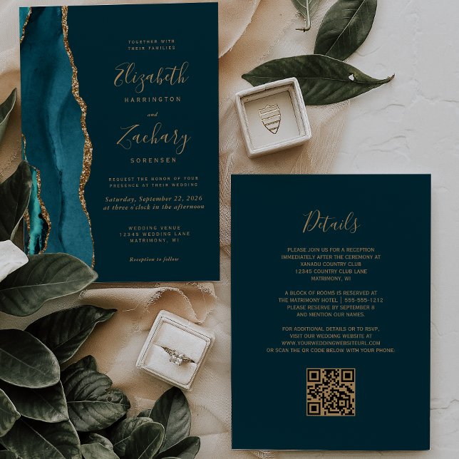 Convites Casamento Moderno com Código QR em Ágata Dourada e (Criador carregado)