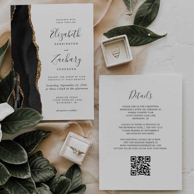 Convites Casamento Moderno com Código QR em Ágata Dourada P (Criador carregado)