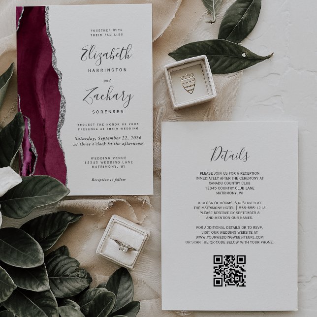 Convites Casamento Moderno com Código QR em Ágata Prata e B (Criador carregado)
