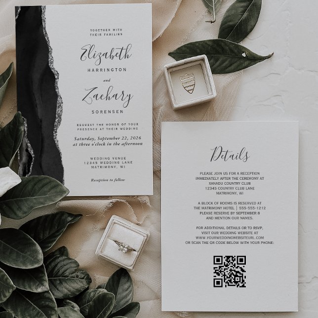 Convites Casamento Moderno com Código QR em Ágata Prata Pre (Criador carregado)