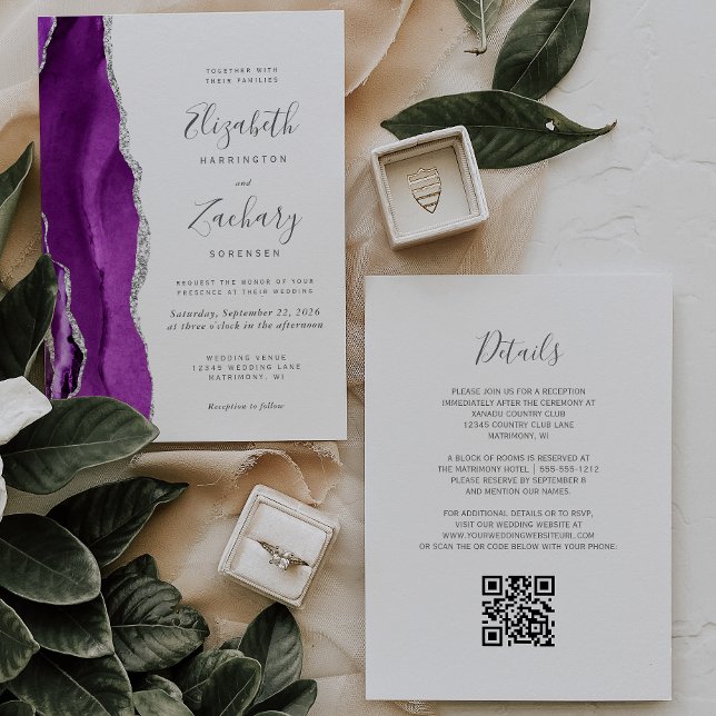 Convites Casamento Moderno com Código QR em Ágata Prata Rox (Criador carregado)