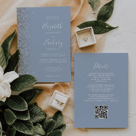Convites Casamento Moderno com Código QR em Azul Poeirento