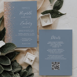 Convites Casamento Moderno com Código QR em Azul Poeirento