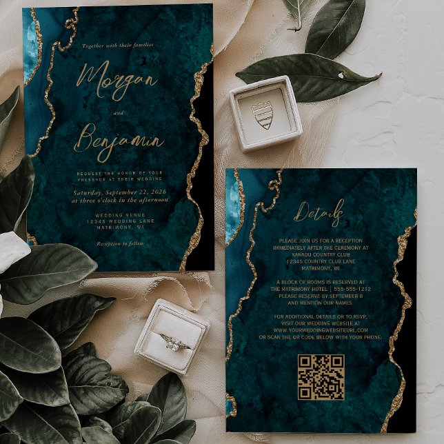Convites Casamento Moderno com Código QR em Azul Teal Ágata (Criador carregado)