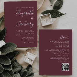 Convites Casamento Moderno com Código QR em Burgundy