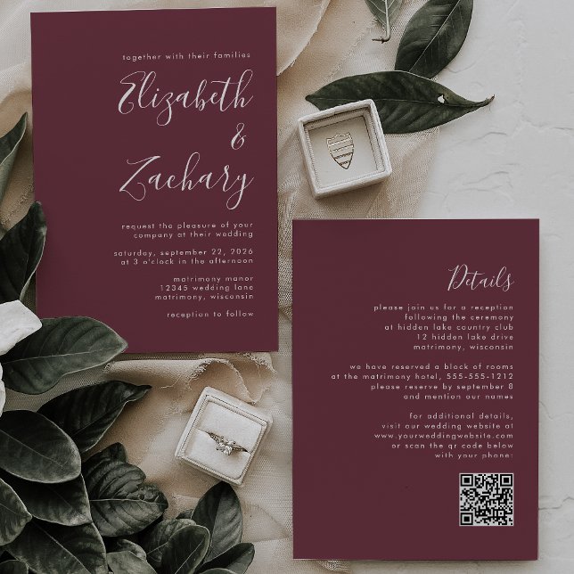 Convites Casamento Moderno com Código QR em Burgundy (Criador carregado)