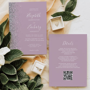Convites Casamento Moderno com Código QR em Lilás Empoeirad