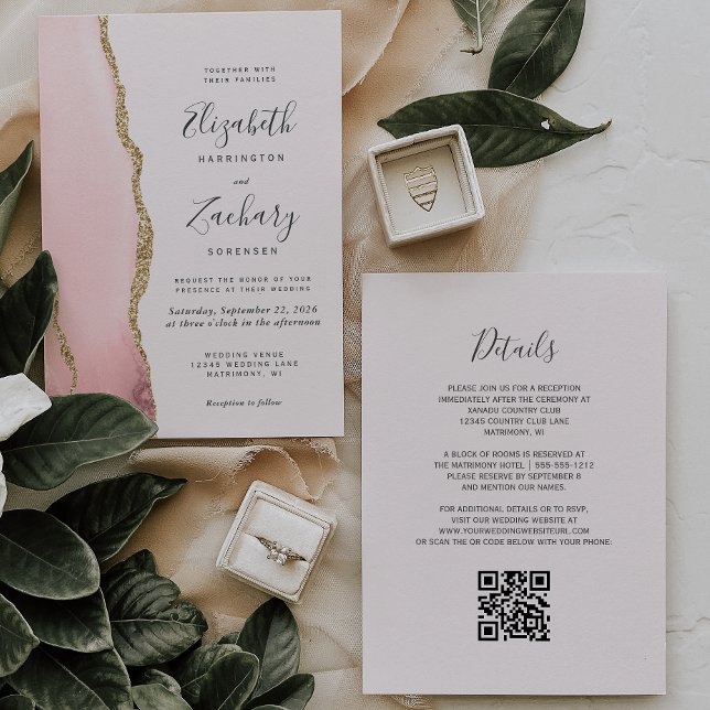 Convites Casamento Moderno com Código QR em Rosa Bege e Our (Criador carregado)