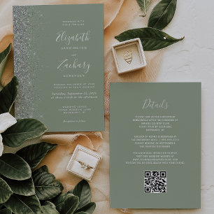 Convites Casamento Moderno com Código QR em Verde Sage e Br
