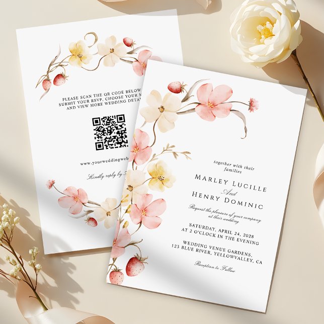 Convites Casamento Moderno com Código QR Floral Blush Compl (Criador carregado)
