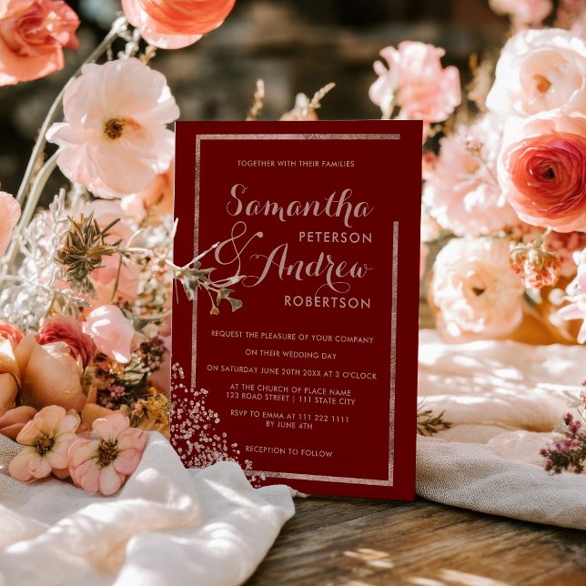 Convites Casamento moderno com confete vermelho e moldura e (Modern rose gold frame red confetti wedding invitation)