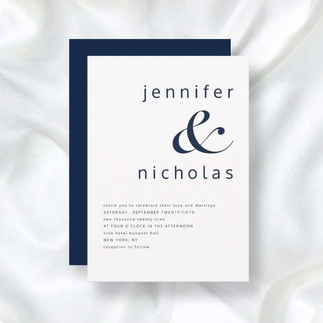 Convites Casamento Moderno com E comercial Azul Marinho (Front/Back Navy Blue Simple Minimalist Typography Wedding Invitation)