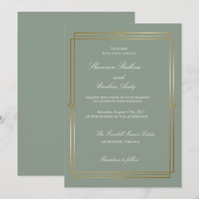 Convites Casamento Moderno com Elegância em Verde Sage e Do (Frente/Verso)