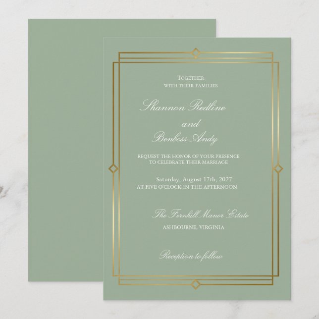 Convites Casamento Moderno com Elegância em Verde Sage e Do (Frente/Verso)